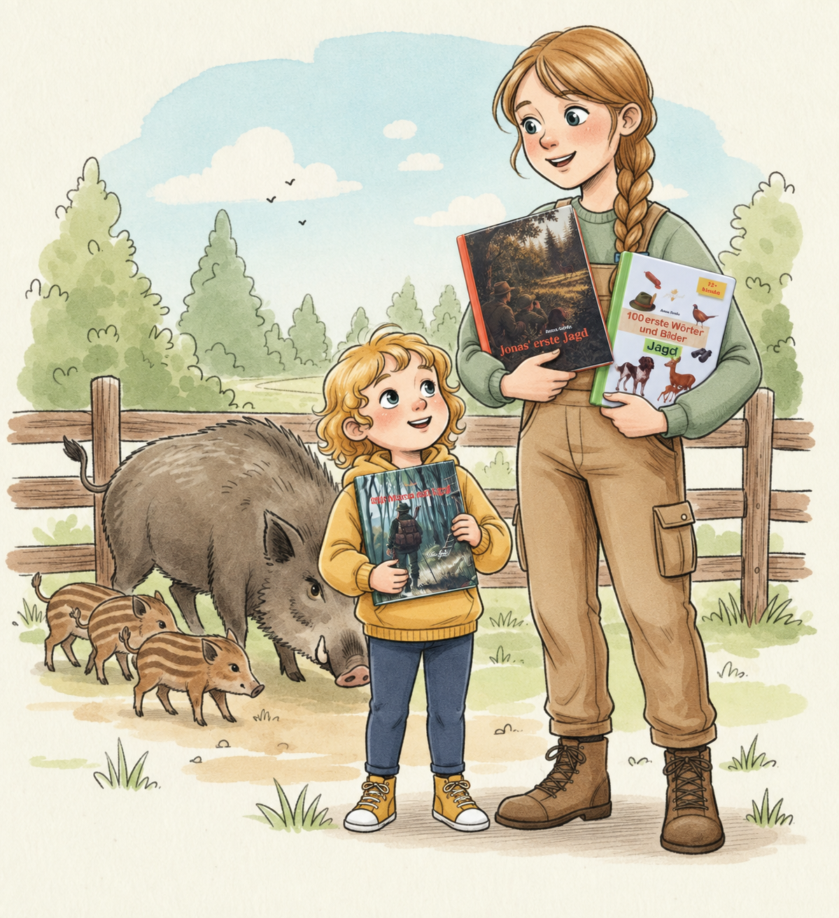 Aquarell-Illustration: Mutter und Kind mit den Jägerskind-Büchern in der Hand, im Hintergrund eine Bache mit Frischlingen
