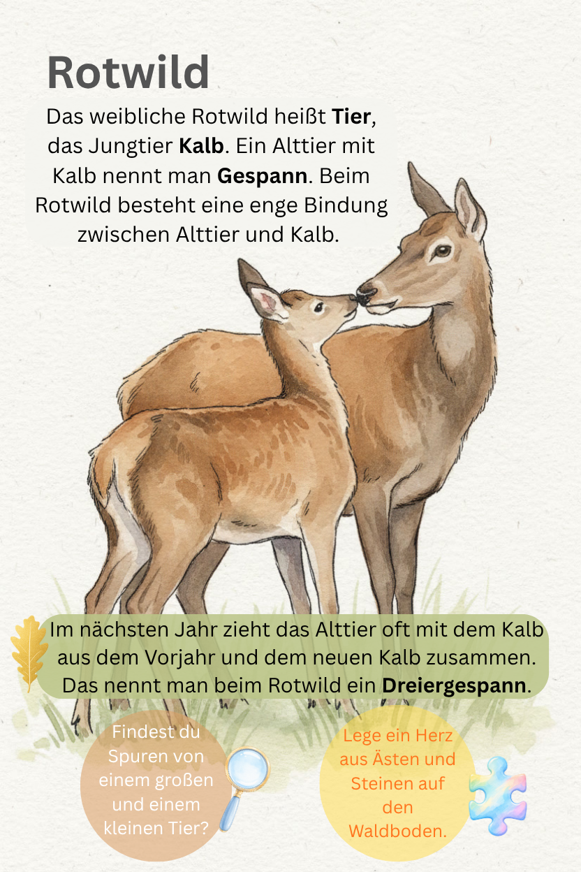 Entdeckerkarte Rotwild – Aquarell einer Hirschkuh mit Kalb