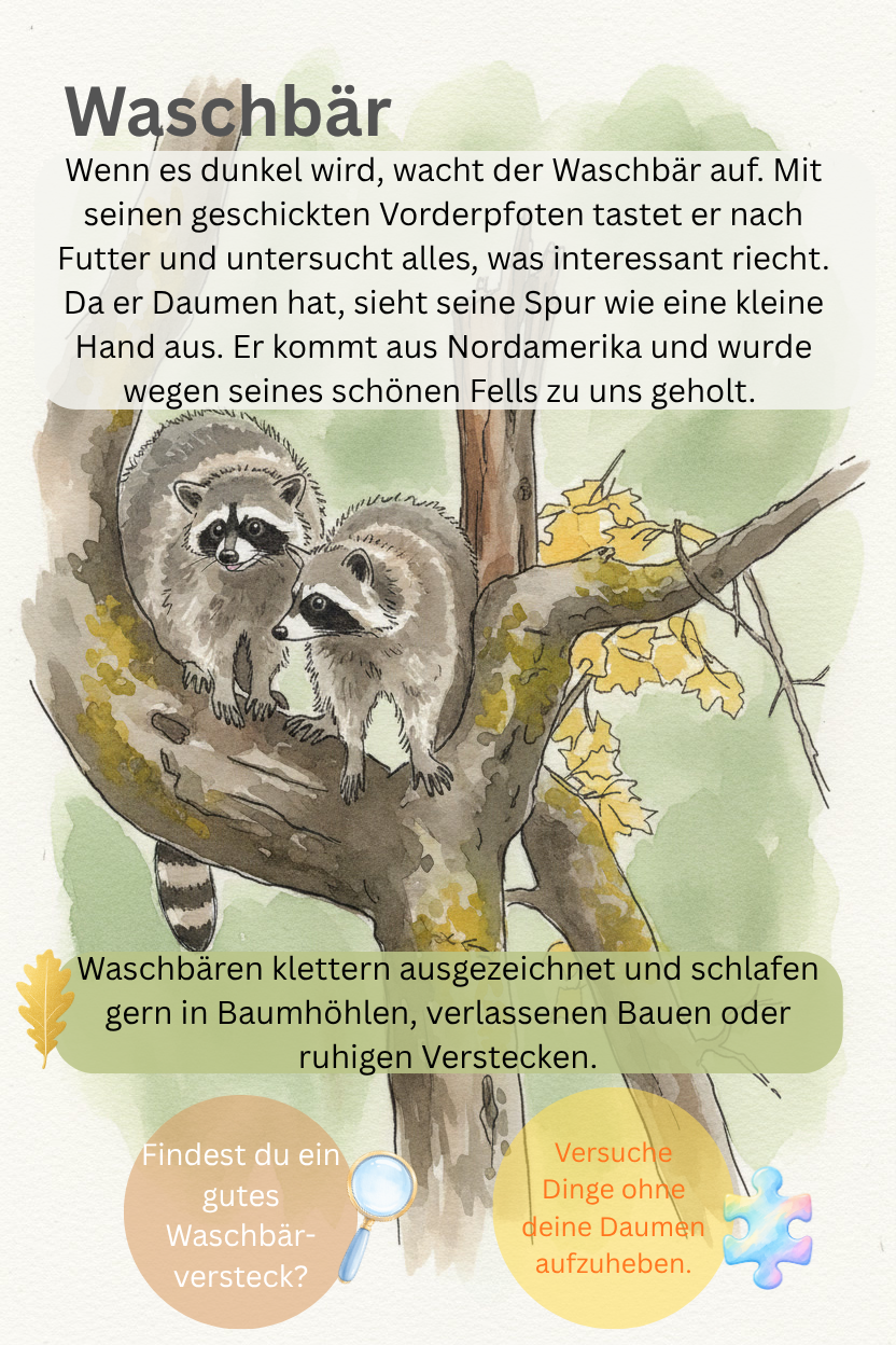 Entdeckerkarte Waschbär – Aquarell eines Waschbären auf einem Ast