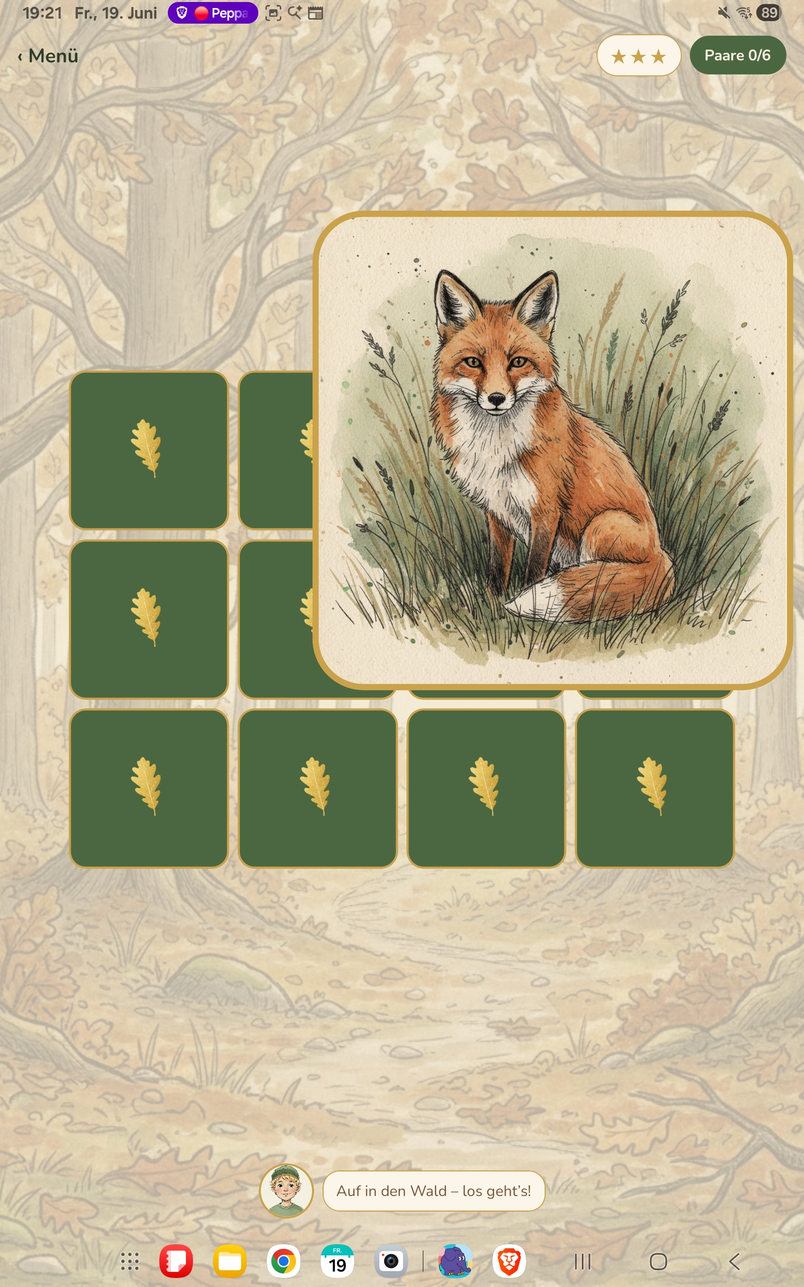 Memory-Spielfeld mit aufgedeckter Fuchs-Karte