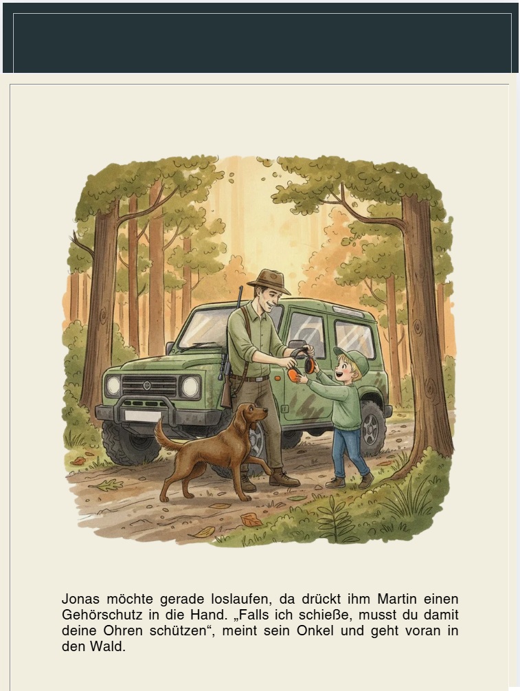 Aquarell-Illustration: Onkel Martin reicht Jonas einen Gehörschutz